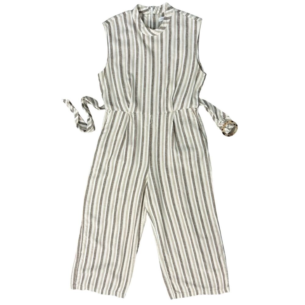 Calvin Klein White Beige Mock Neck Pinstripe Linen Blend Cropped Jumpsuit sz 12 - Picture 16 of 16